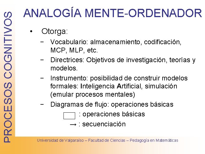 PROCESOS COGNITIVOS ANALOGÍA MENTE-ORDENADOR • Otorga: − Vocabulario: almacenamiento, codificación, MCP, MLP, etc. −