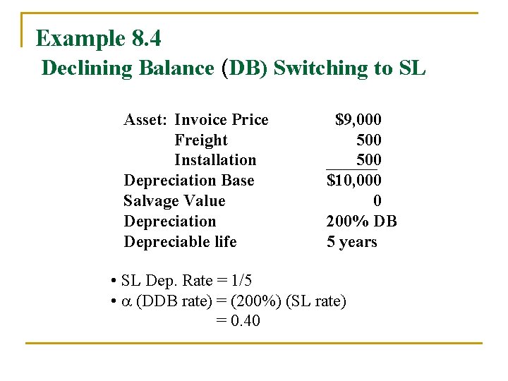 Example 8. 4 Declining Balance (DB) Switching to SL Asset: Invoice Price Freight Installation