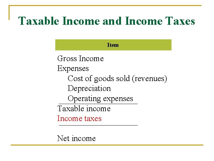 Taxable Income and Income Taxes Item Gross Income Expenses Cost of goods sold (revenues)