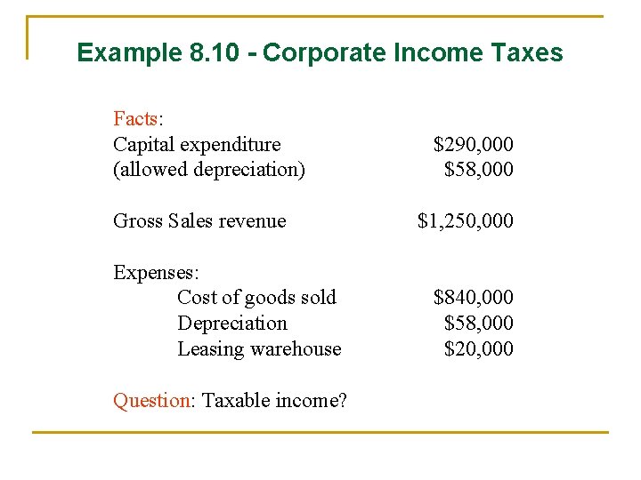 Example 8. 10 - Corporate Income Taxes Facts: Capital expenditure (allowed depreciation) Gross Sales