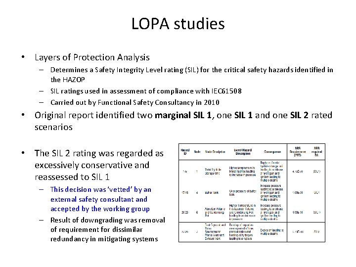 LOPA studies • Layers of Protection Analysis – Determines a Safety Integrity Level rating