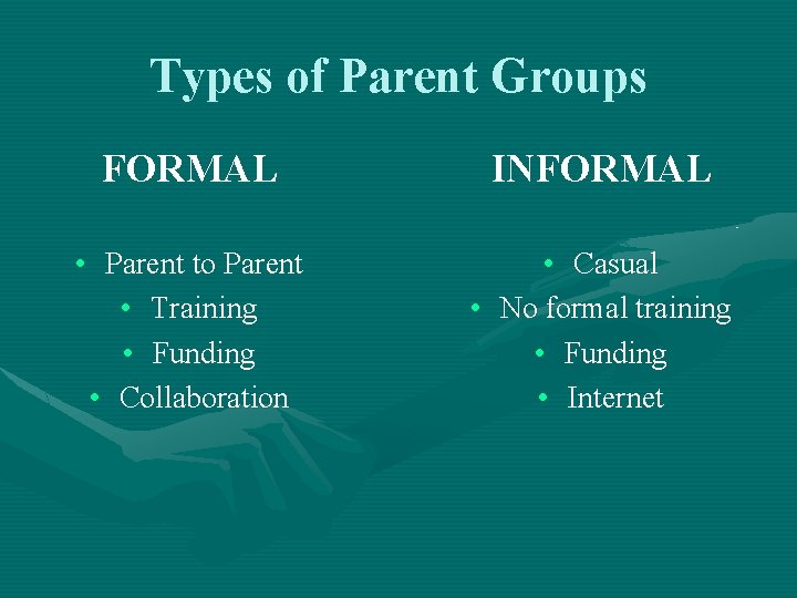 Types of Parent Groups FORMAL INFORMAL • Parent to Parent • Training • Funding