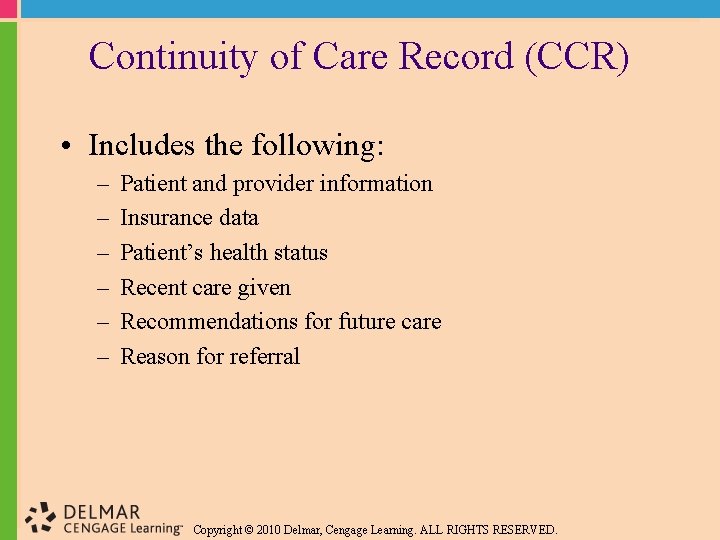 Continuity of Care Record (CCR) • Includes the following: – – – Patient and