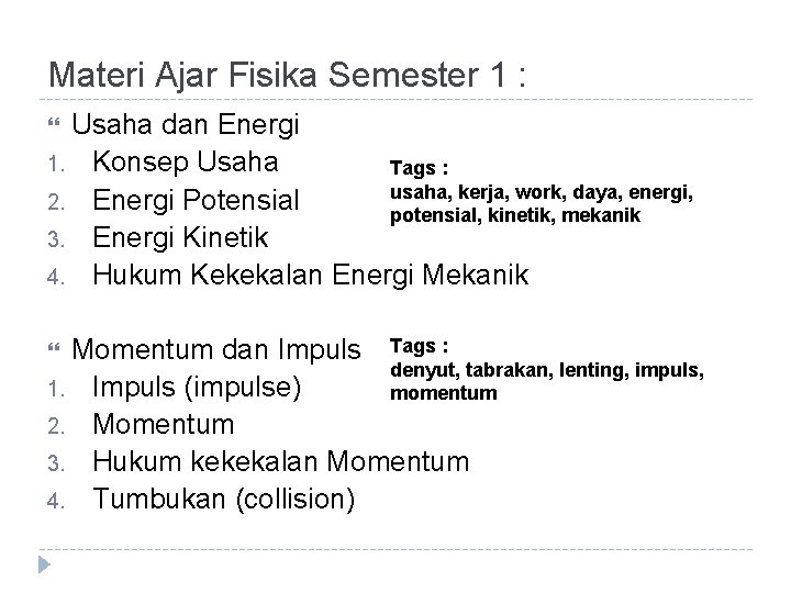 Materi Ajar Fisika Semester 1 : Usaha dan Energi 1. Konsep Usaha Tags :