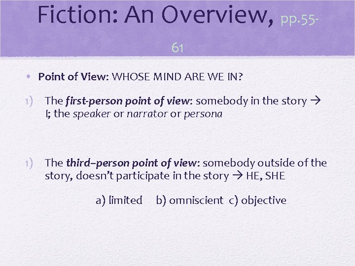 Fiction: An Overview, pp. 5561 • Point of View: WHOSE MIND ARE WE IN?