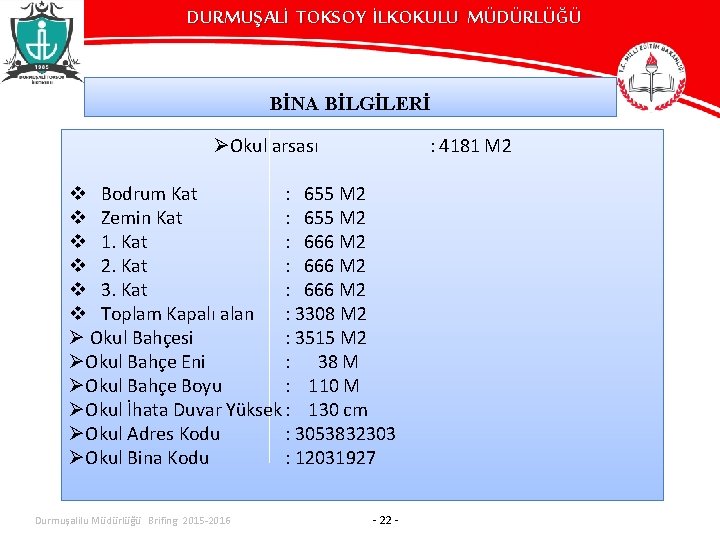 DURMUŞALİ TOKSOY İLKOKULU MÜDÜRLÜĞÜ BİNA BİLGİLERİ ØOkul arsası v Bodrum Kat : 655 M