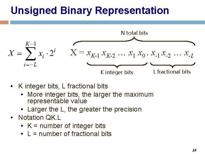 Unsigned Binary Representation N total bits X = x. K-1 x. K-2 … x