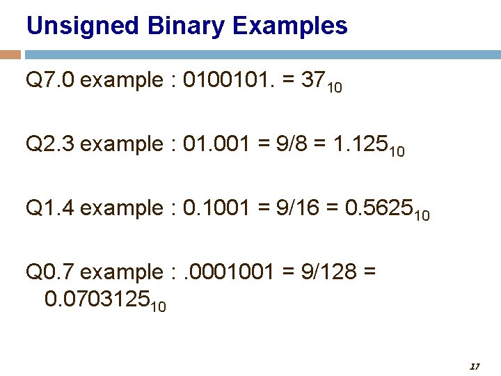 Unsigned Binary Examples Q 7. 0 example : 0100101. = 3710 Q 2. 3