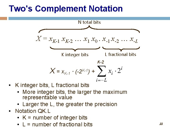 Two's Complement Notation N total bits X = x. K-1 x. K-2 … x