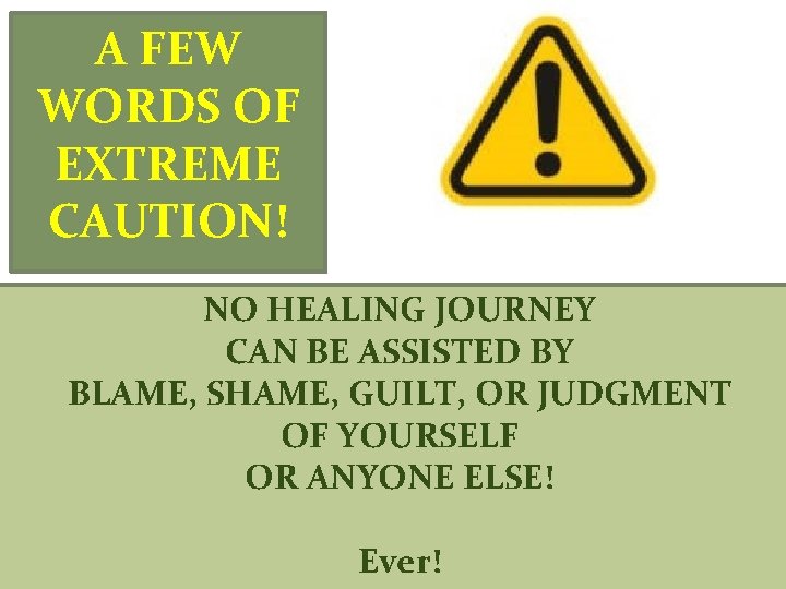 A FEW WORDS OF EXTREME CAUTION! NO HEALING JOURNEY CAN BE ASSISTED BY BLAME,