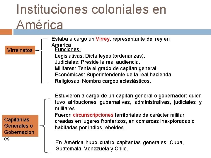 Instituciones coloniales en América Virreinatos Capitanías Generales o Gobernacion es Estaba a cargo un