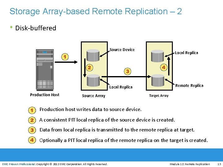 Storage Array-based Remote Replication – 2 • Disk-buffered Source Device Local Replica Remote Replica