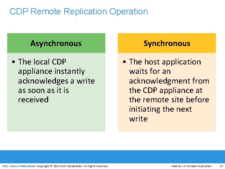 CDP Remote Replication Operation Asynchronous Synchronous • The local CDP appliance instantly acknowledges a