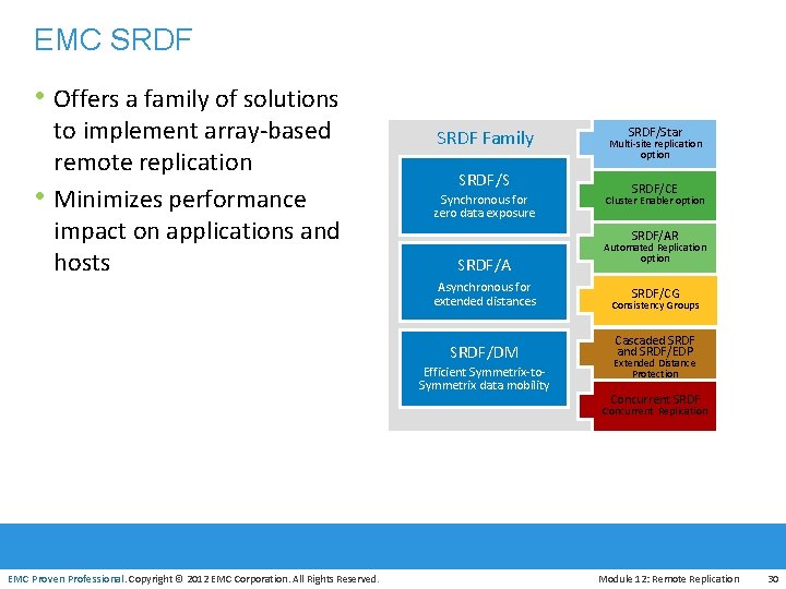 EMC SRDF • Offers a family of solutions • to implement array-based remote replication