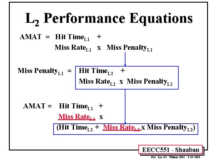L 2 Performance Equations AMAT = Hit Time. L 1 + Miss Rate. L