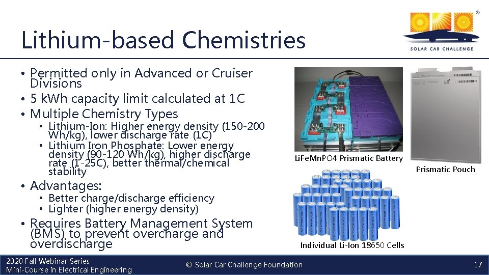 Lithium-based Chemistries • Permitted only in Advanced or Cruiser Divisions • 5 k. Wh