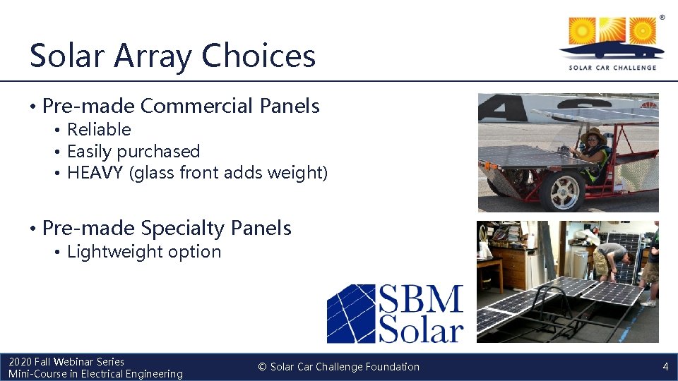Solar Array Choices • Pre-made Commercial Panels • Reliable • Easily purchased • HEAVY