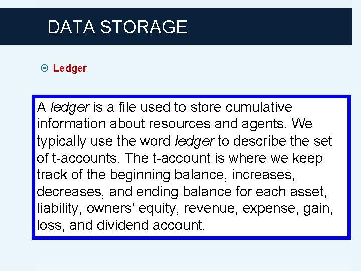 DATA STORAGE Ledger A ledger is a file used to store cumulative information about