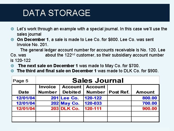 DATA STORAGE Let’s work through an example with a special journal. In this case