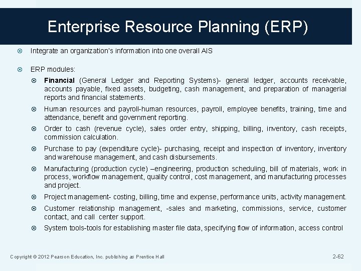 Enterprise Resource Planning (ERP) Integrate an organization’s information into one overall AIS ERP modules: