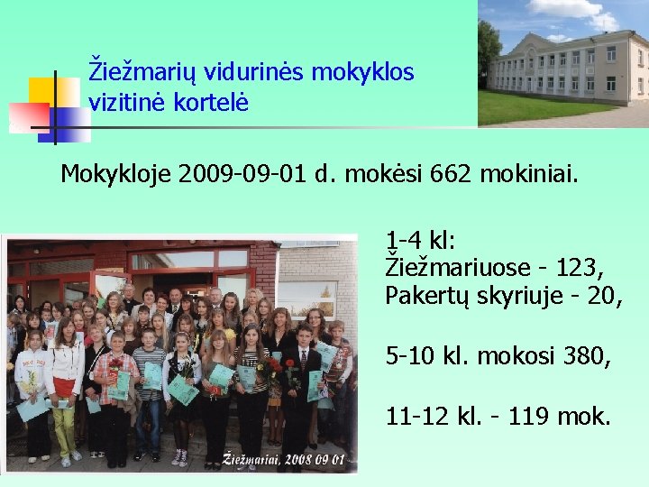 Žiežmarių vidurinės mokyklos vizitinė kortelė Mokykloje 2009 -09 -01 d. mokėsi 662 mokiniai. 1