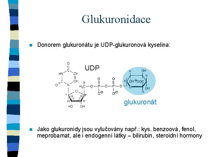 Glukuronidace n Donorem glukuronátu je UDP-glukuronová kyselina: UDP glukuronát n Jako glukuronidy jsou vylučovány