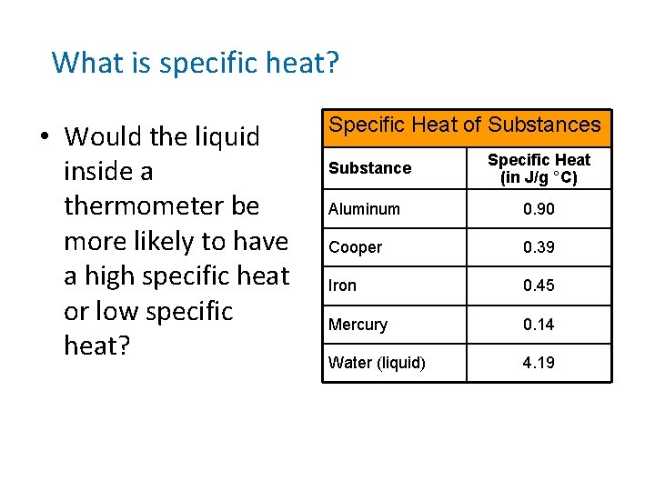 What is specific heat? • Would the liquid inside a thermometer be more likely