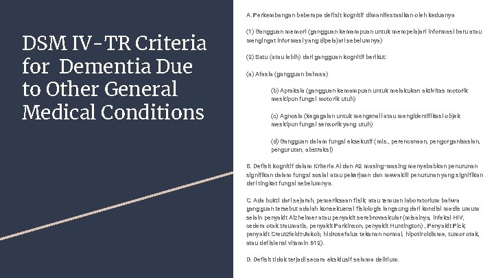 A. Perkembangan beberapa defisit kognitif dimanifestasikan oleh keduanya DSM IV-TR Criteria for Dementia Due