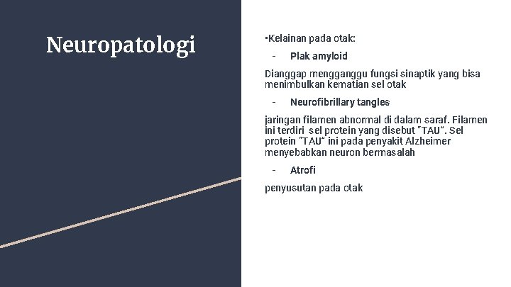 Neuropatologi • Kelainan pada otak: - Plak amyloid Dianggap mengganggu fungsi sinaptik yang bisa