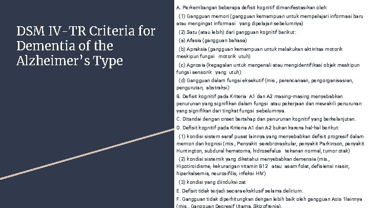 A. Perkembangan beberapa defisit kognitif dimanifestasikan oleh: DSM IV-TR Criteria for Dementia of the