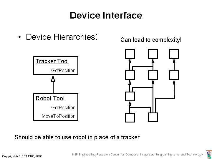 Device Interface • Device Hierarchies: Can lead to complexity! Tracker Tool Get. Position Robot Device Interface • Device Hierarchies: Can lead to complexity! Tracker Tool Get. Position Robot