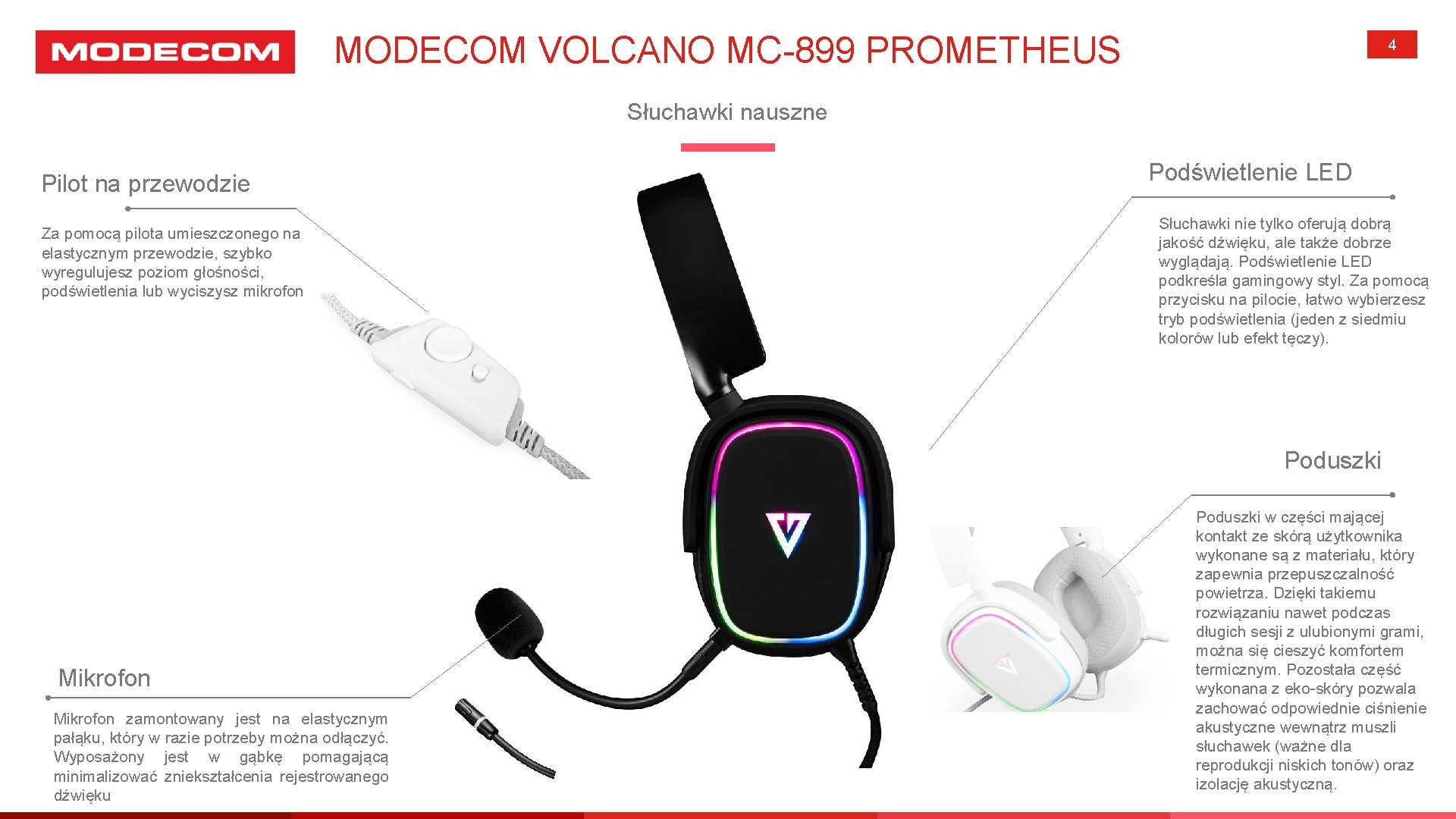 MODECOM VOLCANO MC-899 PROMETHEUS 4 Słuchawki nauszne Pilot na przewodzie Za pomocą pilota umieszczonego