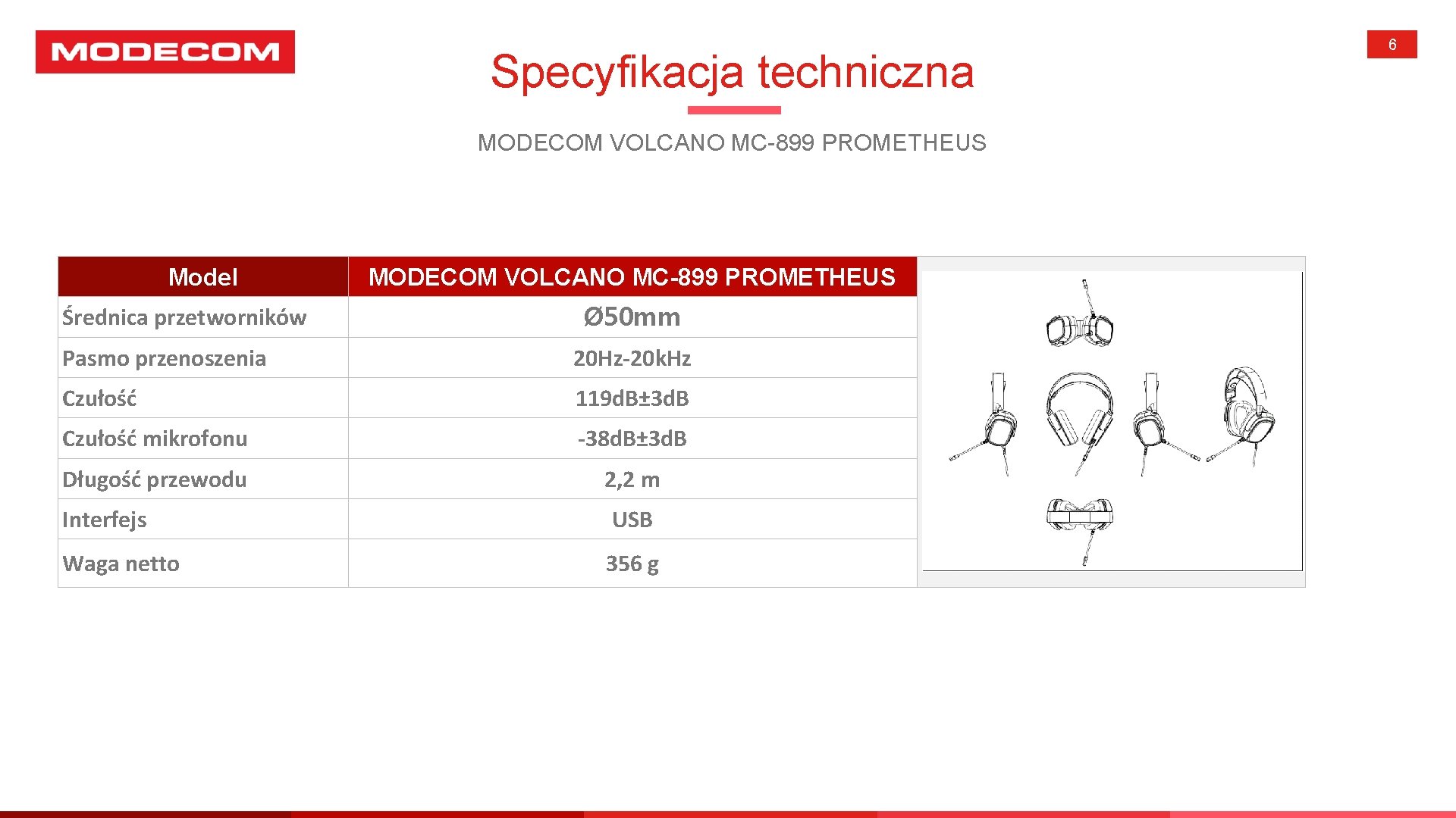 Specyfikacja techniczna MODECOM VOLCANO MC-899 PROMETHEUS Model Średnica przetworników MODECOM VOLCANO MC-899 PROMETHEUS Ø