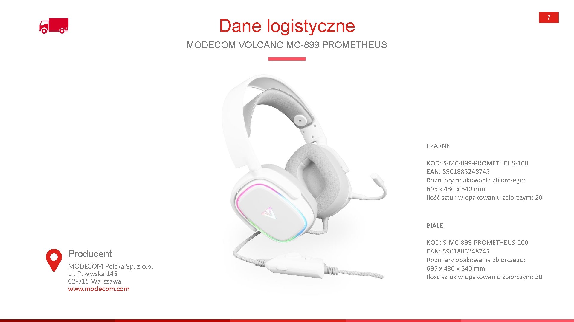 7 Dane logistyczne MODECOM VOLCANO MC-899 PROMETHEUS CZARNE KOD: S-MC-899 -PROMETHEUS-100 EAN: 5901885248745 Rozmiary