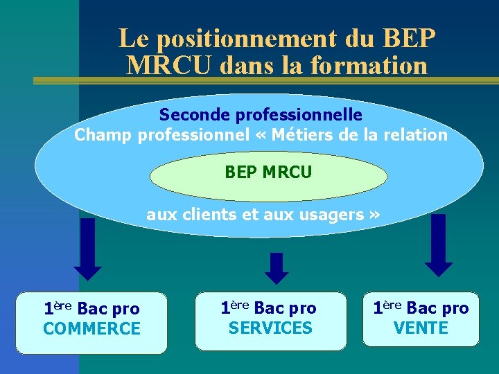 Le positionnement du BEP MRCU dans la formation Seconde professionnelle Champ professionnel « Métiers