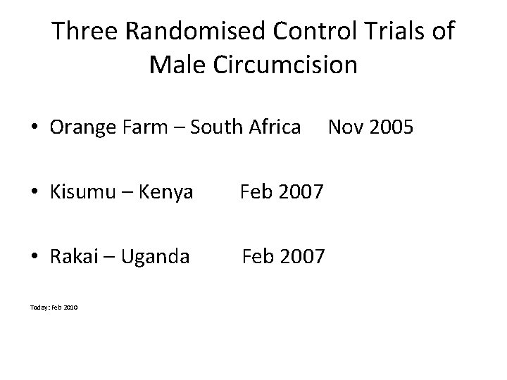 Three Randomised Control Trials of Male Circumcision • Orange Farm – South Africa •
