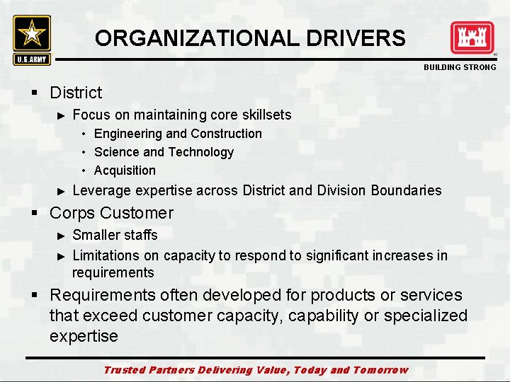 ORGANIZATIONAL DRIVERS BUILDING STRONG § District ► Focus on maintaining core skillsets • Engineering