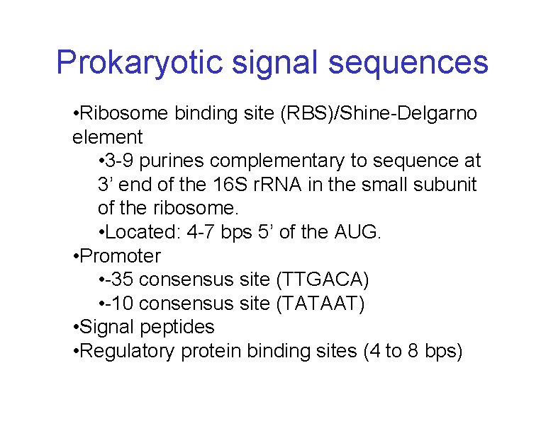 Prokaryotic signal sequences • Ribosome binding site (RBS)/Shine-Delgarno element • 3 -9 purines complementary