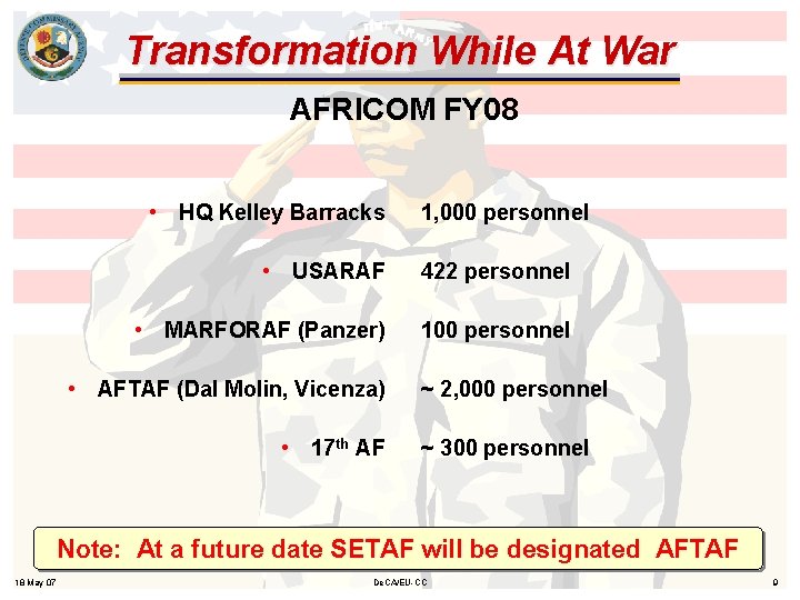 Transformation While At War AFRICOM FY 08 • HQ Kelley Barracks 1, 000 personnel