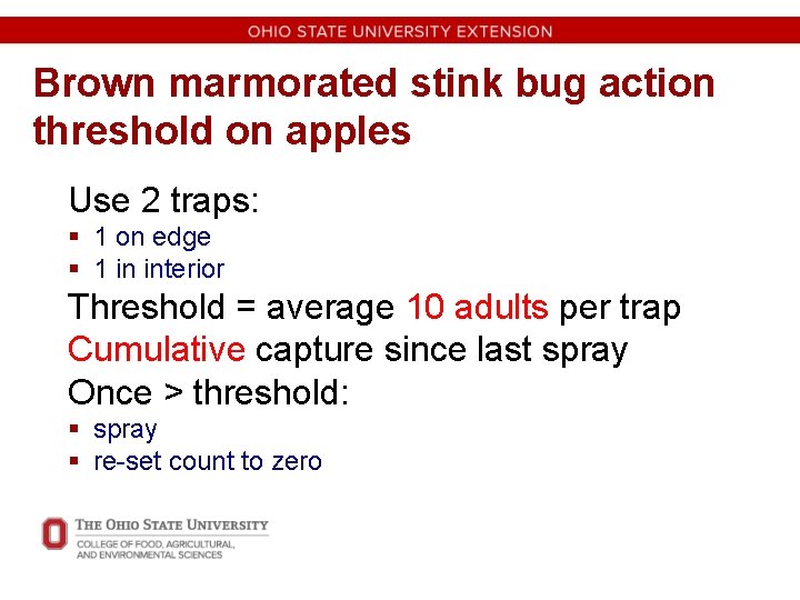 Brown marmorated stink bug action threshold on apples Use 2 traps: § 1 on