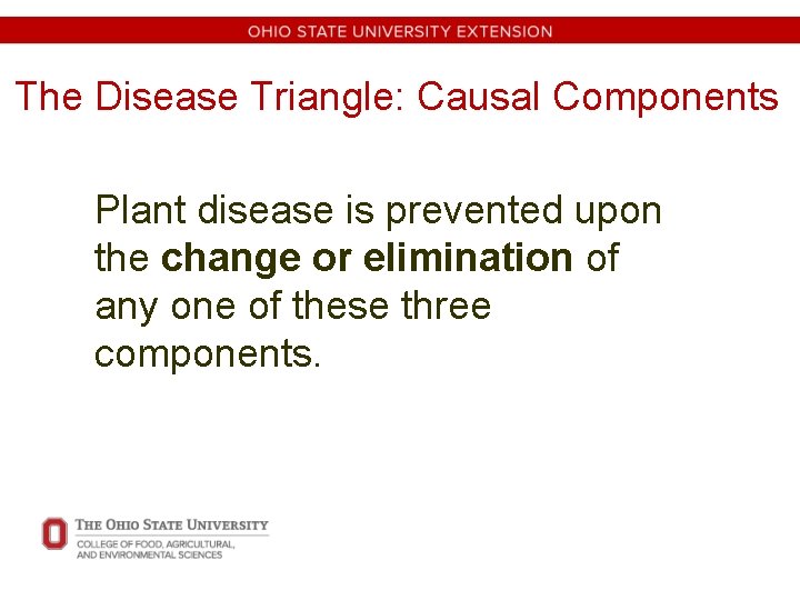 The Disease Triangle: Causal Components Plant disease is prevented upon the change or elimination