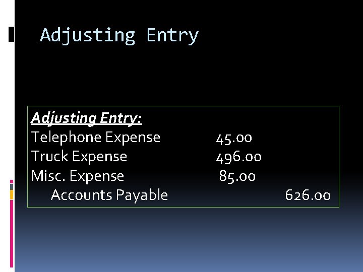 Adjusting Entry: Telephone Expense Truck Expense Misc. Expense Accounts Payable 45. 00 496. 00
