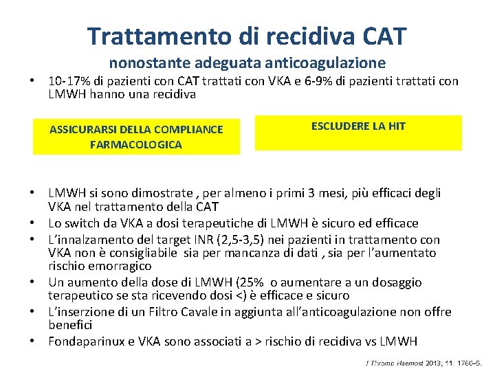 Trattamento di recidiva CAT nonostante adeguata anticoagulazione • 10 -17% di pazienti con CAT