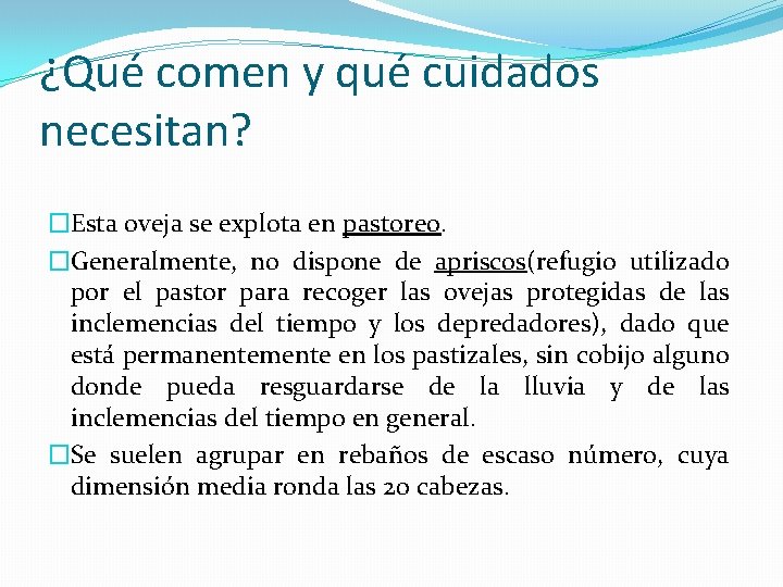 ¿Qué comen y qué cuidados necesitan? �Esta oveja se explota en pastoreo. �Generalmente, no