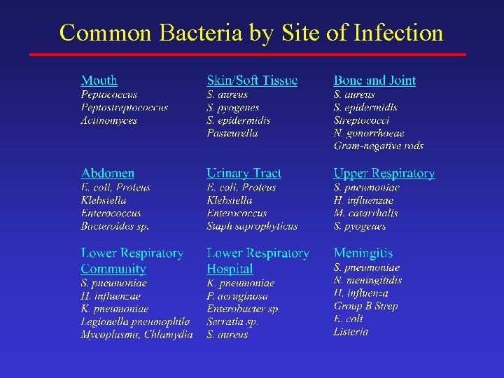 Common Bacteria by Site of Infection 