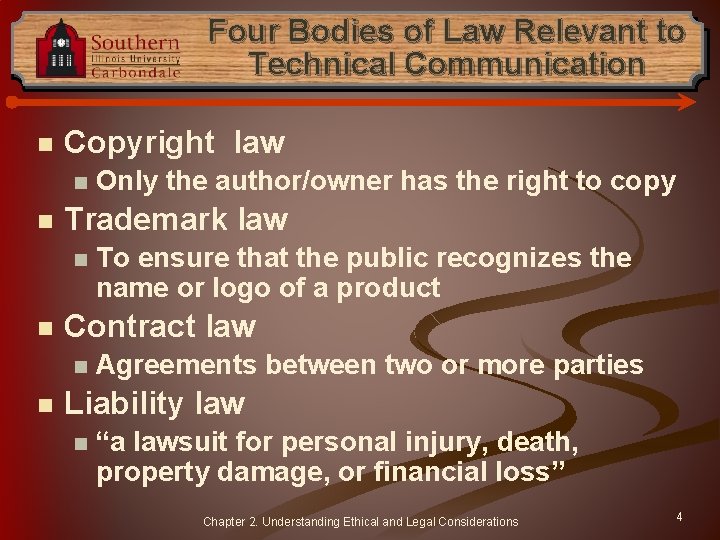 Four Bodies of Law Relevant to Technical Communication n Copyright law n n Trademark