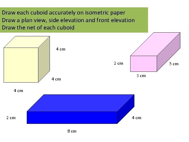 Draw each cuboid accurately on isometric paper Draw a plan view, side elevation and