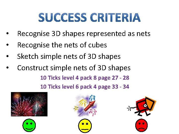  • • Recognise 3 D shapes represented as nets Recognise the nets of