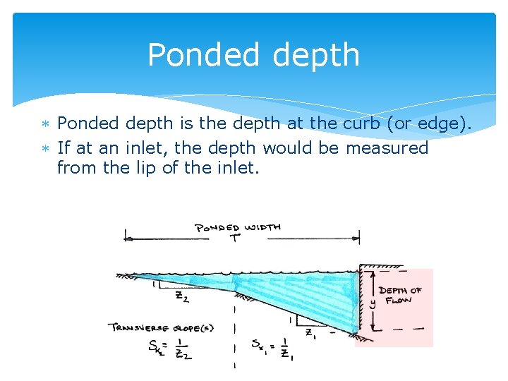 Ponded depth is the depth at the curb (or edge). If at an inlet,