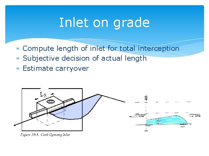 Inlet on grade Compute length of inlet for total interception Subjective decision of actual